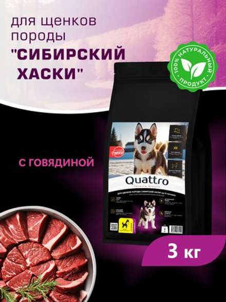 Корм сухой для щенков породы Сибирский хаски, с говядиной, 3 кг, QUATTRO