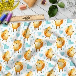 Ткань оксфорд 600 танцующие лисички и голубые сердечки на белом фоне