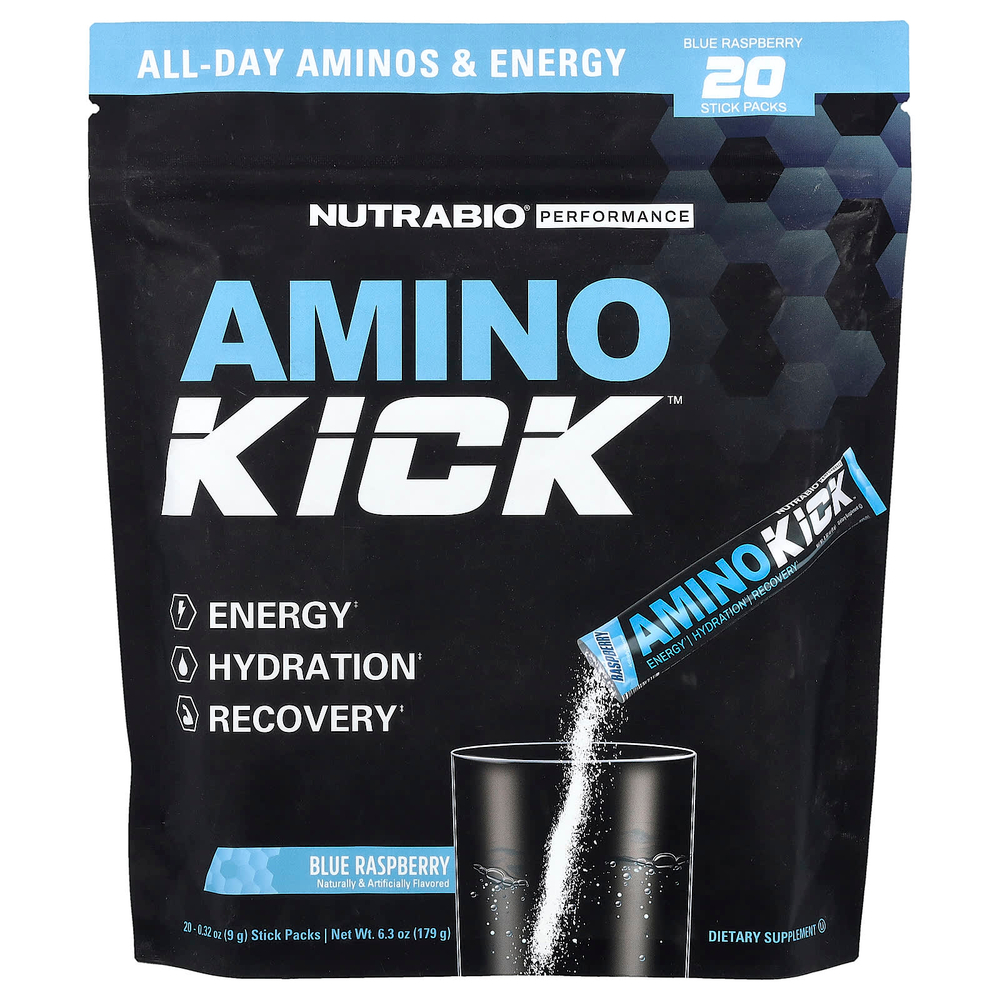 NutraBio, Performance, Amino Kick™, голубая малина, 20 стик-пакетов по 9 г (0,32 унции)