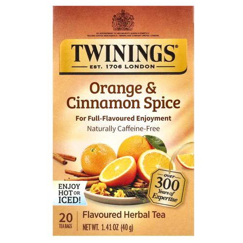Twinings, Ароматизированный травяной чай, апельсин и корица, без кофеина, 20 чайных пакетиков, 40 г (1,41 унции)