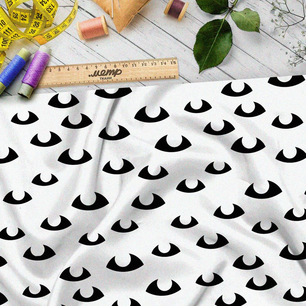 Ткань оксфорд 600 чёрные глаза на белом фоне