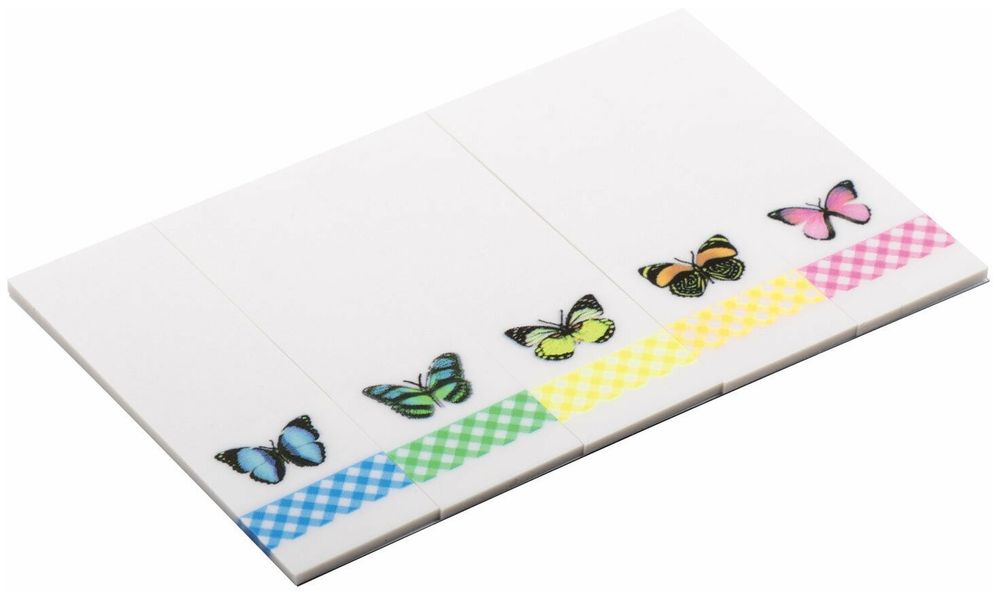 Закладки клейкие BRAUBERG С КАРТИНКОЙ "БАБОЧКИ", пластик, 48х15 мм, 5 цветов х 20 листов, в пластиковой книжке, 124813