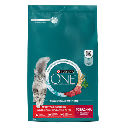Сухой корм Purina ONE для стерилизованных кошек и кастрированных котов говядина 3 кг