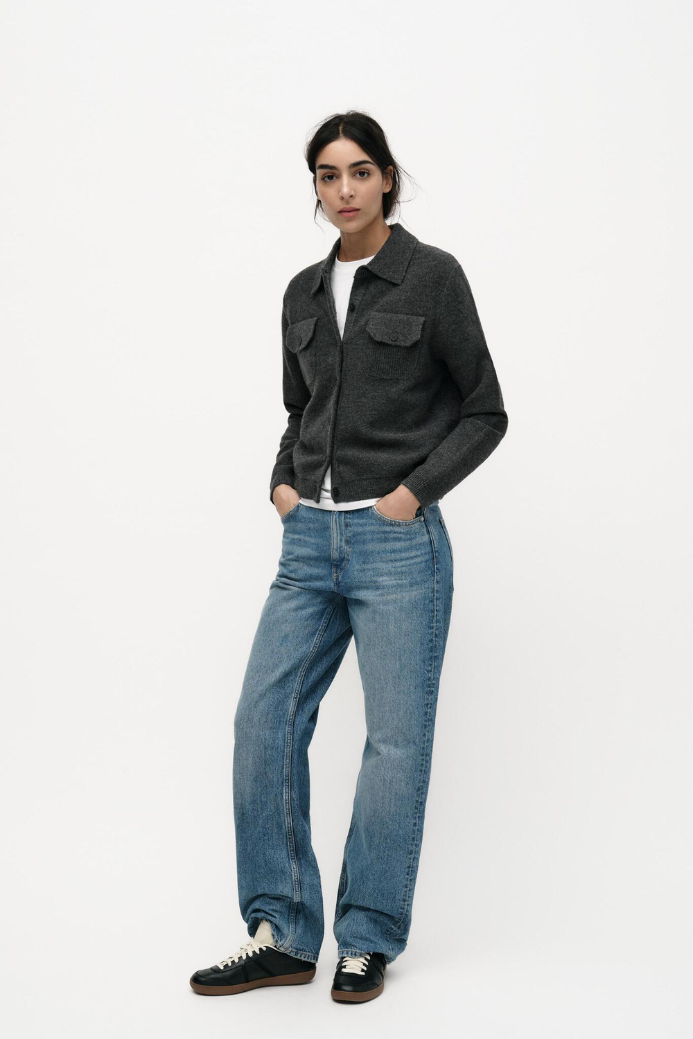 ZARA ОДНОТОННЫЙ КАРДИГАН С ВОРОТНИКОМ ПОЛО, МАРЕНГО С МЕЛАНЖЕВЫМ ЭФФЕКТОМ