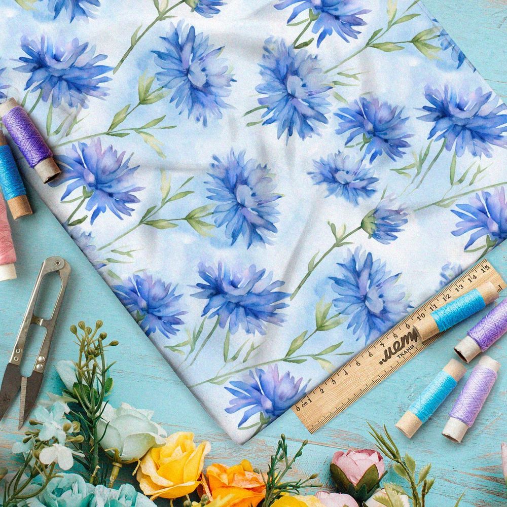 Ткань премиум дюспо голубые акварельные цветы