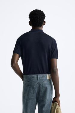 ZARA ТРИКОТАЖНОЕ ПОЛО ИЗ ХЛОПКА И ШЕЛКА, МОРСКОЙ СИНИЙ