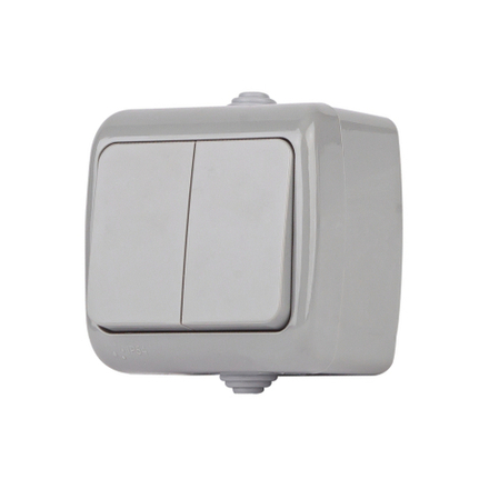 Выключатель Intro Atlantic 5-105-03 двойной с подсветкой, 10А-250В, IP54, открытой установки, серый