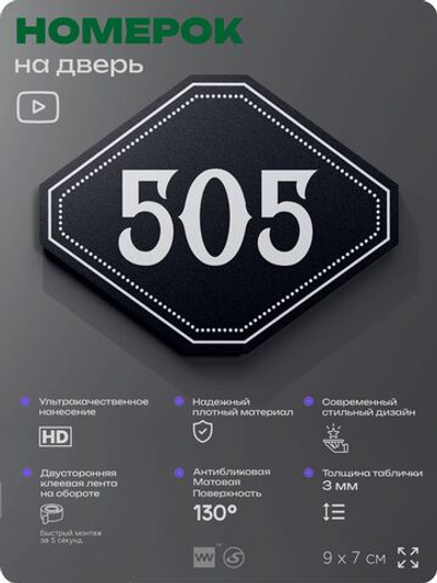 Номерок на дверь квартиры 505, для кабинета, офиса, шильдик 9 х 7 см, черный, Айдентика Технолоджи