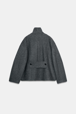 ZARA КОРОТКОЕ ПАЛЬТО ИЗ СМЕСОВОЙ ШЕРСТИ С ВОРОТНИКОМ-СТОЙКОЙ, СЕРЫЙ