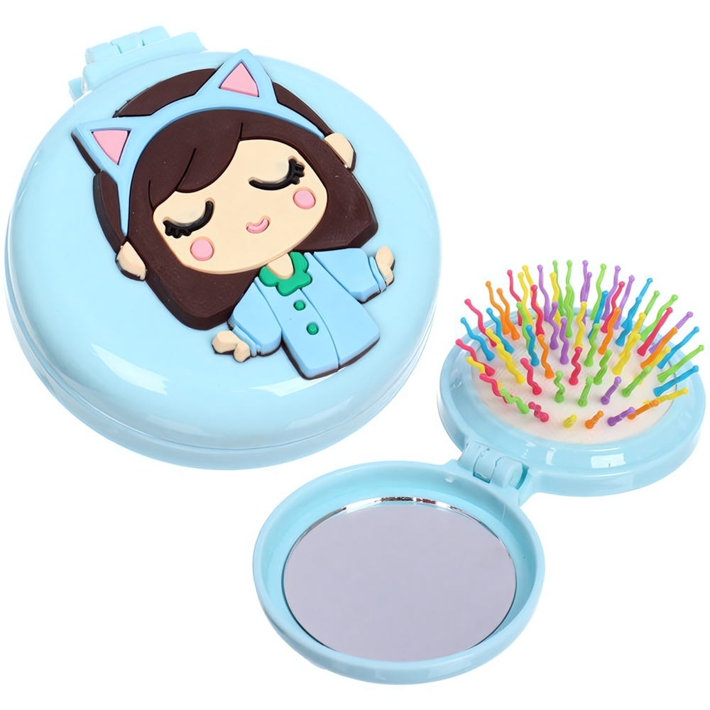 Расческа массажная детская складная «Barbariska», с зеркалом, бабочка, разноцветные зубчики, цвет голубой, d-7см