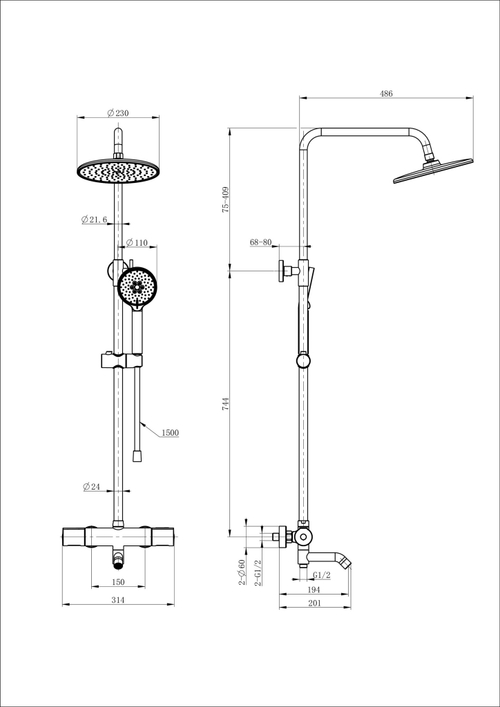 Душевая система с термостатом WONZON & WOGHAND INN 2, Черный матовый (WW-A3006-T1-MB)