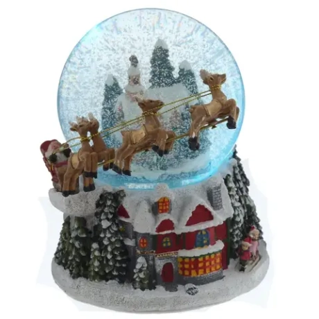 Фигурка декор в стекл шаре "Дом и Дед Мороз", (подсвет,муз, вьюга 3хАА н/п), D 11 см, L16 W16 H16 см