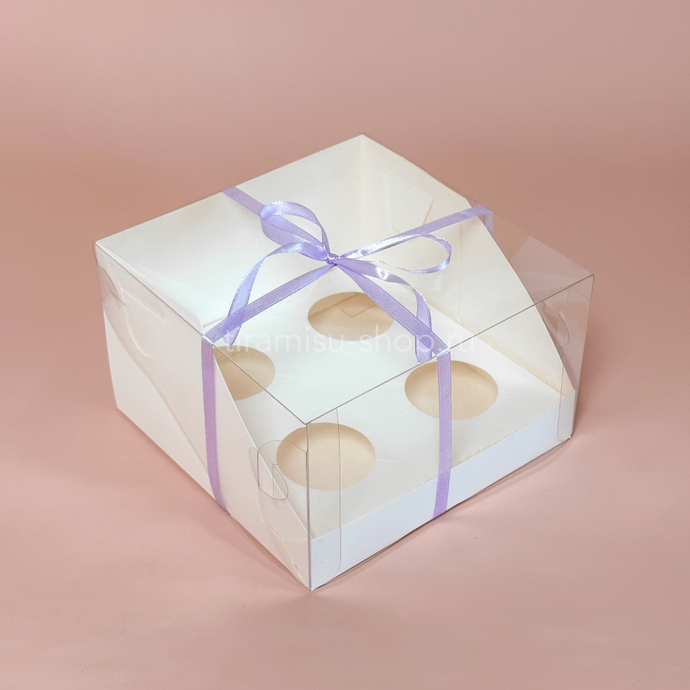 Коробка на 4 капкейка с пластиковой крышкой 16 х 16 х 10 см, белая