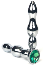 Серебристая коническая анальная пробка-ёлочка с зеленым кристаллом - 12 см. (Цвет: зеленый)
