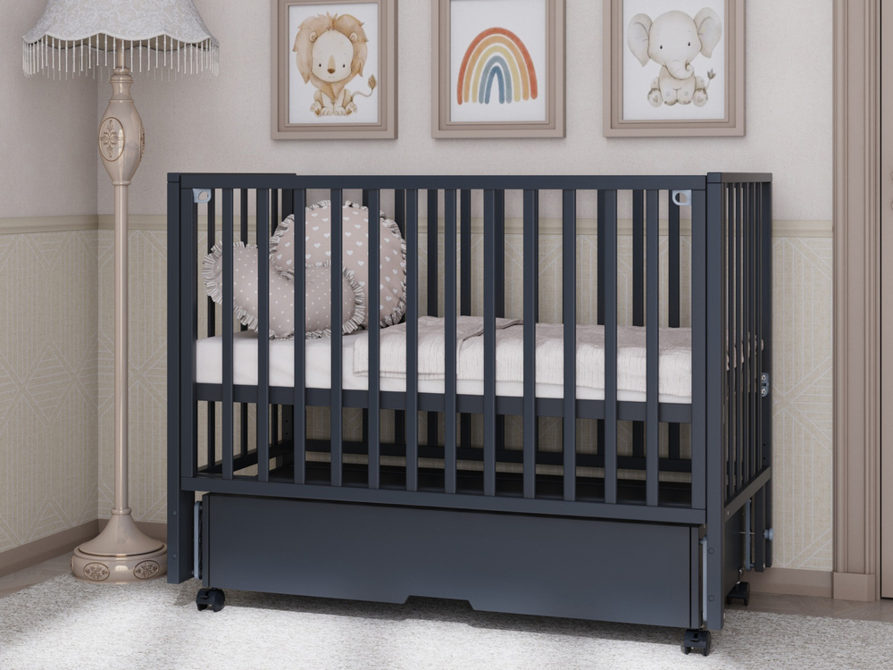 Детская кроватка Incanto Hollie (графит) универсальный маятник, колеса, ящик, автостенка