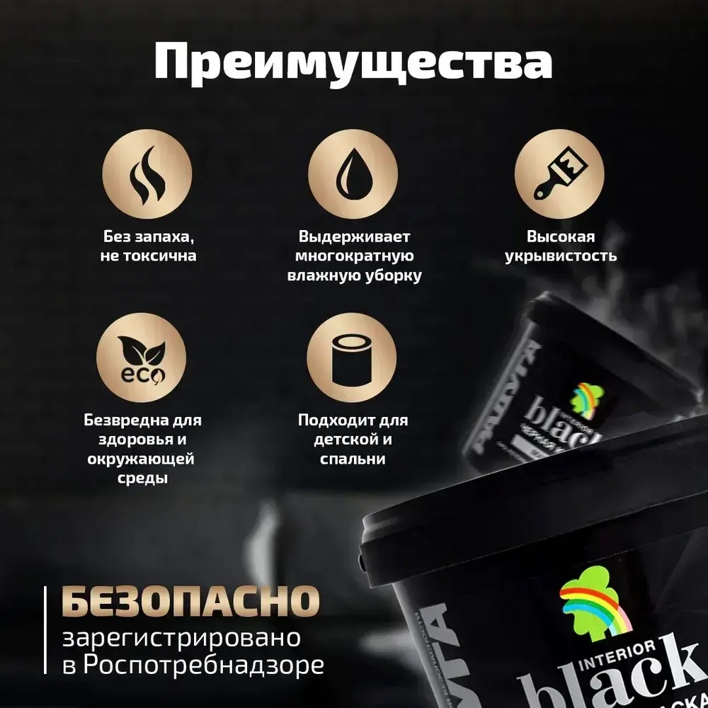 Краска Радуга Black для стен и потолков черная 0,9 л