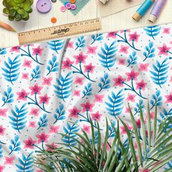 Ткань дюспо розовые цветы и синие листья на белом фоне