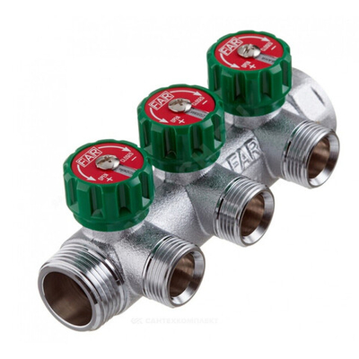 Коллектор латунь 1" ВР/НР на 3 вых 1/2" НР м/о 45мм под евроконус с регулирующими клапанами с вставкой под плоское уплотнение MULTIFAR Far FK 3822 112UN