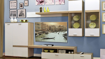 Гостиная Клод Белый Фасадный 0101 / Бук Бавария 0381 317*50*200 см, Белый Фасадный, Бук Бавария   Фиеста