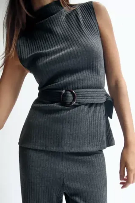 ZARA ТОП В РУБЧИК С ПОЯСОМ, СЕРЫЙ С МЕЛАНЖЕВЫМ ЭФФЕКТОМ