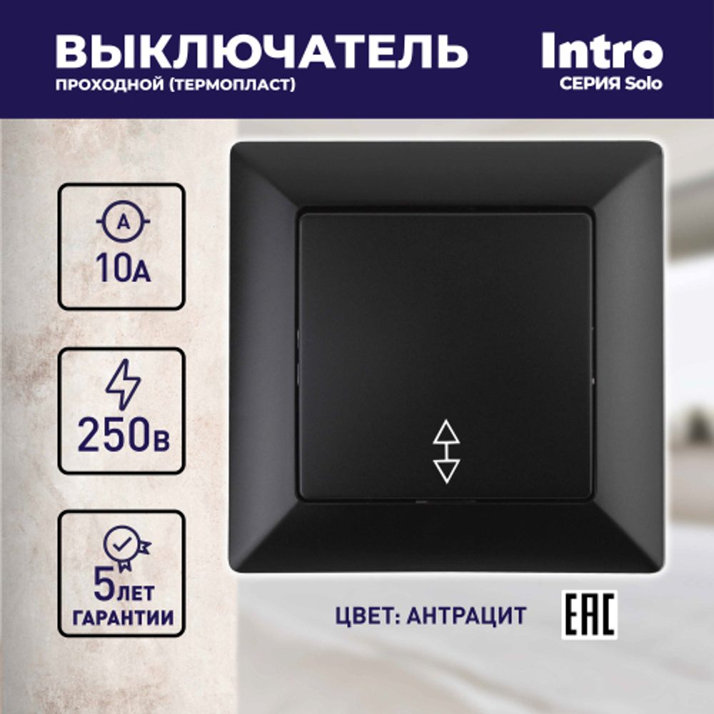 Переключатель Intro Solo 4-103-05 одноклавишный 10А-250В, IP20, СУ, антрацит