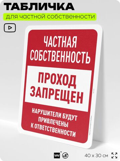 Табличка для частной территории "Частная собственность, проход запрещен", на дом, для участка, организаций, предупреждающая, 40х30 см, Silver Plane x Айдентика Технолоджи