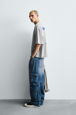 ZARA ФУТБОЛКА С КОМБИНИРОВАННЫМ ПРИНТОМ СОЛНЦА, СЕРЫЙ МЕЛАНЖ