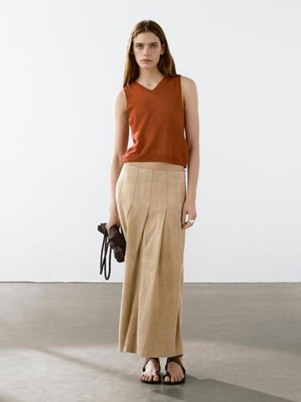 Massimo Dutti Длинная юбка из замши с плиссировкой, дымчатый