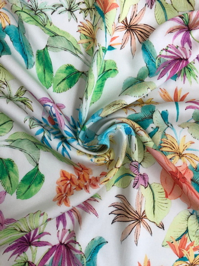 Штапель принт silk цветы розов/желт/зелен на белом BST3907