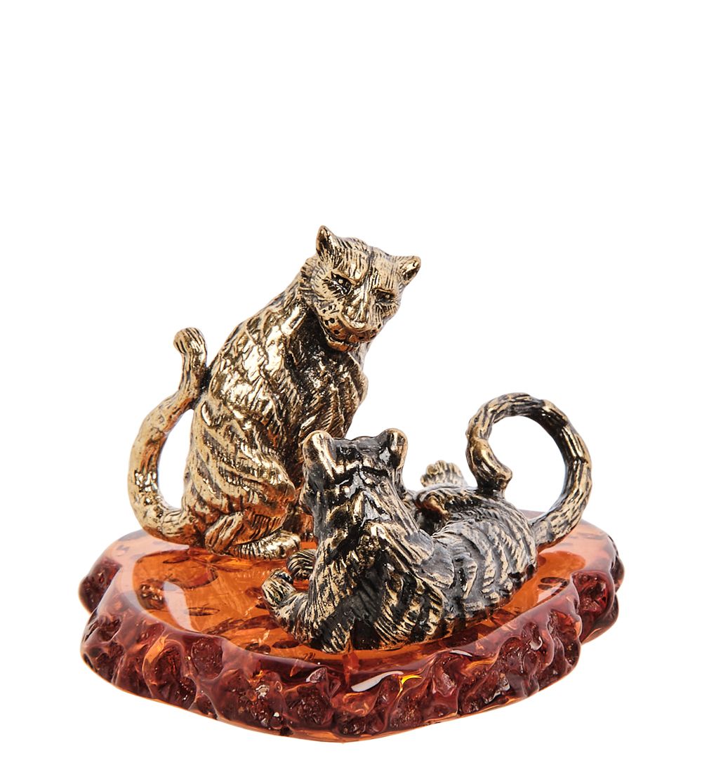 Народные промыслы AM-3180 Фигурка «Тигр с тигрицей» (латунь, янтарь)