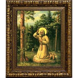 Моление на камне Преподобного Серафима Саровского. Икона на холсте.