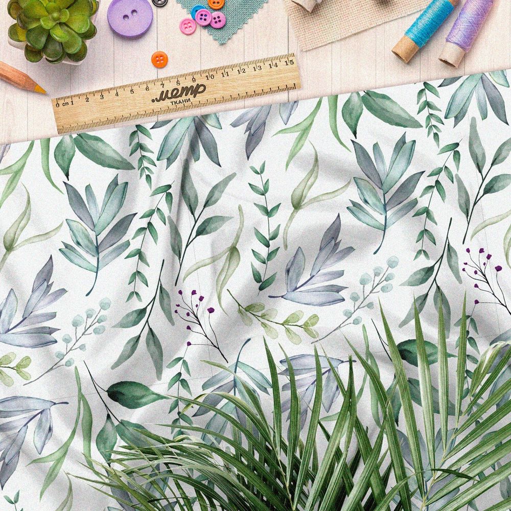 Ткань габардин зеленые акварельные листочки