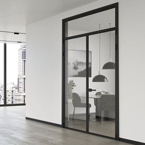 Модель 1AV в двустворчатом исполнении c фрамугой профиль чёрный матовый стекло прозрачное в алюминиевом моноблоке INTEGRAL в интерьере