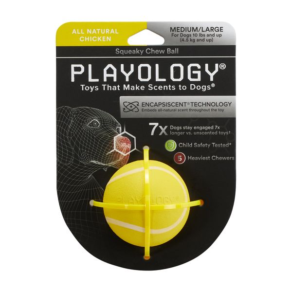 Жевательный мяч Playology SQUEAKY CHEW BALL для собак мелких и средних пород с пищалкой и с ароматом курицы, цвет желтый, 6 см