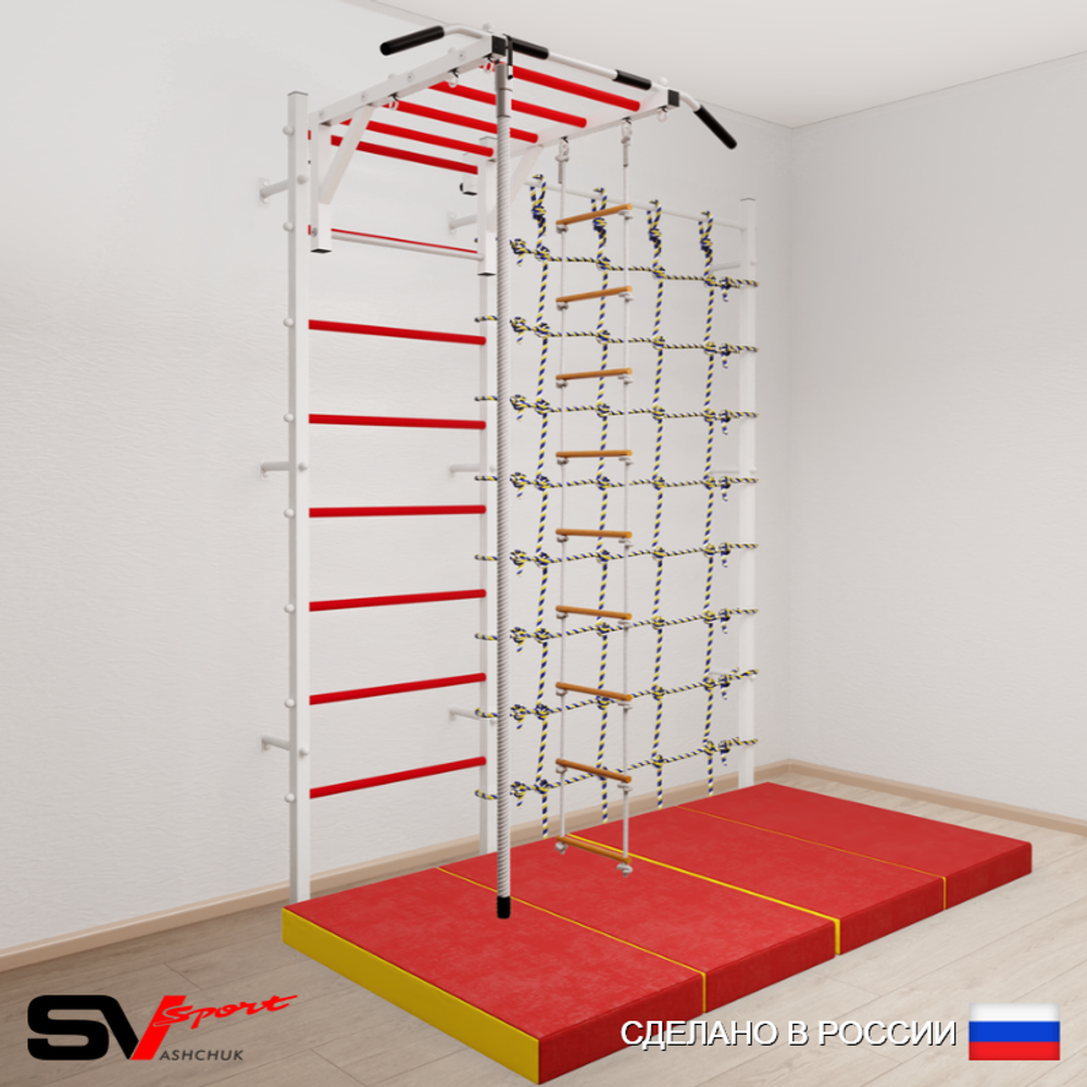 Шведская стенка Sv Sport 53440 (Турник рукоход/Канат/Лестница/Мат 2м/Канатный лаз)