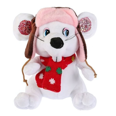 Игрушка мягкая Мышка с блестящими ушами, в ушанке, белая 15см без чипа (Мульти-Пульти)