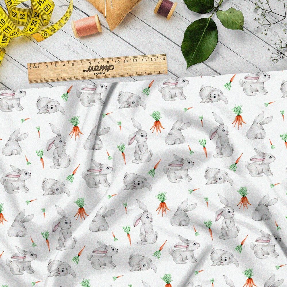 Ткань кулирная гладь милые зайцы с морковкой