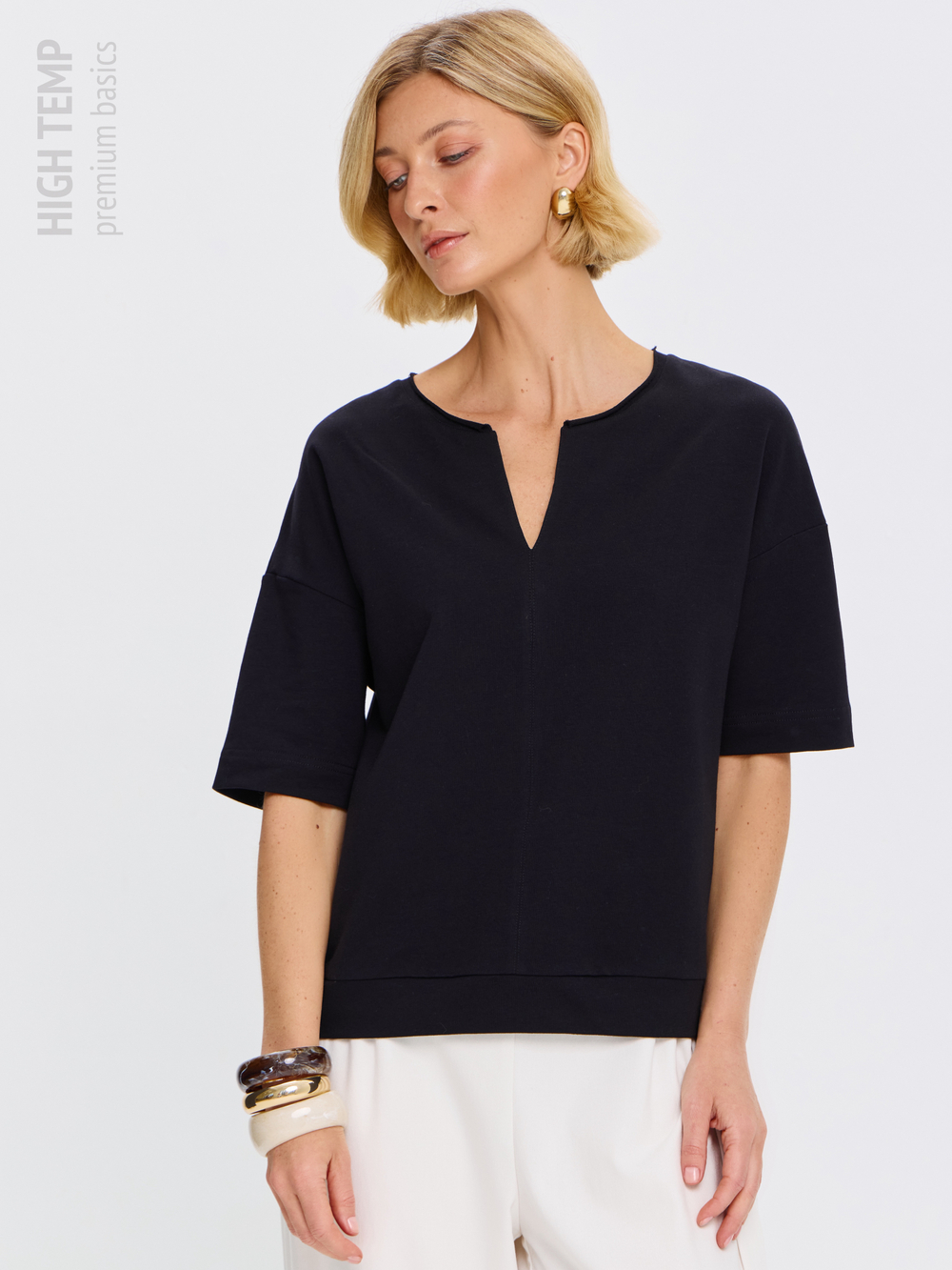 Плотная футболка из футера 2-нитки с V-вырезом HIGH TEMP