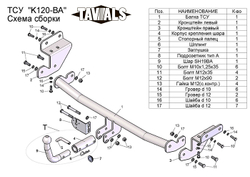 Фаркоп(прицепное) Tavials для KIA CEED хетчбек (JD) 2012-... (С БЫСТРОСЪЕМНЫМ ШАРОМ)(паспорт и сертификат в комплекте)(без электрики)T-K120-BA