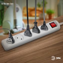 Удлинитель электрический ЭРА U-5s-3m-2x1 без заземления c выключателем 5 розеток 3м ПВС 2x1мм2 10А | Бытовые удлинители