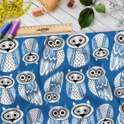 Ткань ниагара пуховые совы на синем фоне