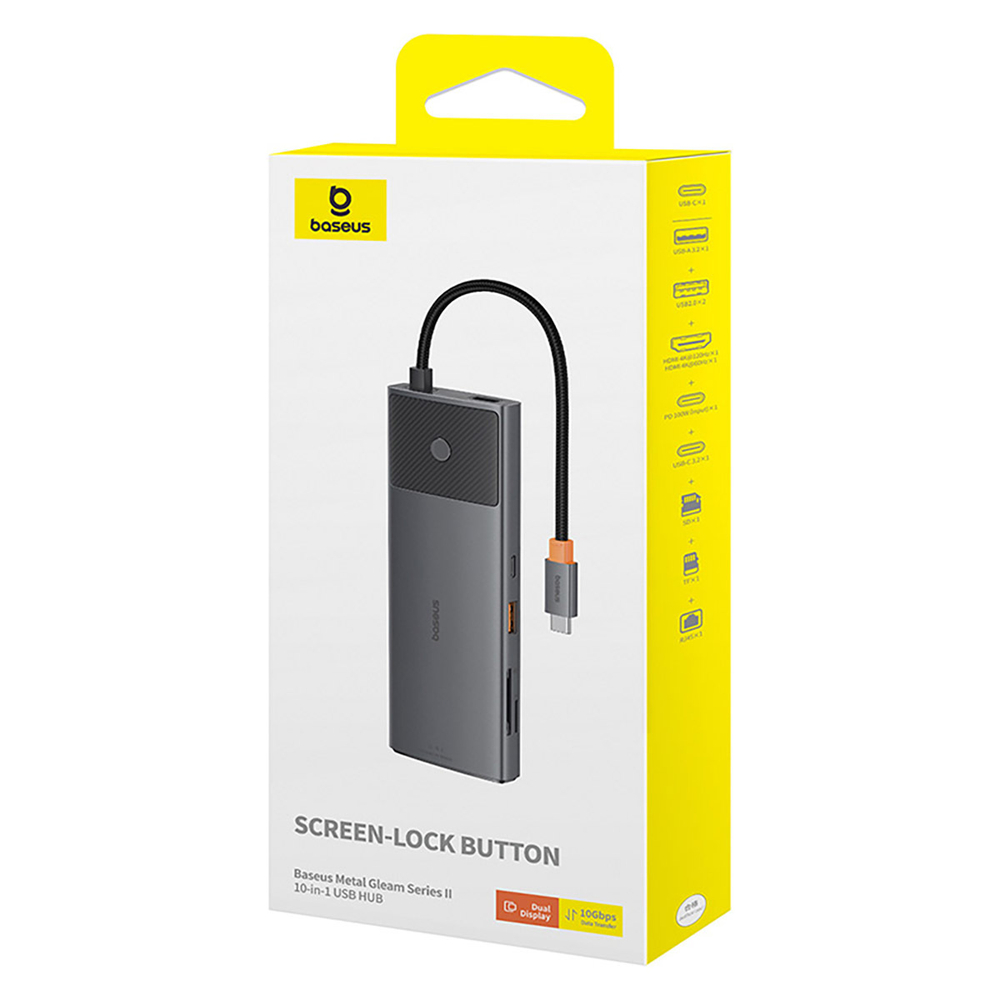 USB-C Хаб Baseus Metal Gleam II 10-in-1 (HDMI4K@120Hz + HDMI4K@60Hz + USB-A3.2(10Gbps) + USB-C3.2(10Gbps) + 2xUSB-A2.0 + RJ45 + SD + TF + USB-C-PD) - Cosmic Black