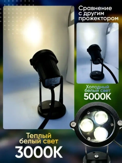 Светильник садовый для архитектурного и ландшафтного освещения 220V 3W 3000К теплый белый, угол 30 градусов, низковольтный прожектор на фасад дома