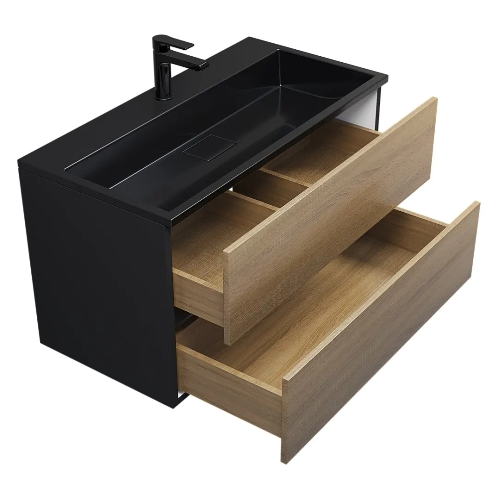 Тумба с раковиной Uperwood Barsa 90 см, раковина черная глянцевая, подвесная тумба черная/дуб сонома
