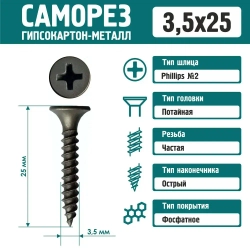 Саморез Rizzel 3,5х25 по металлу фосфатированный (500 шт)