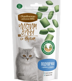 Деревенские лакомства Чистим зубы для кошек, подушечки с кремом из говядины, 30гр.