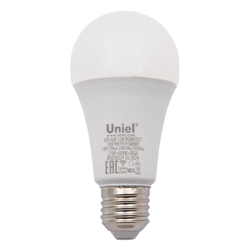 LED-A60-12W-RGBW-E27-230V-WF-FR PLS80WH Умная лампа светодиодная Wi-Fi+Bluetooth. диммируемая. Форма А. матовая. 2700-6500K+RGB. Голосовое управление+приложение UnielSmart. TM Uniel
