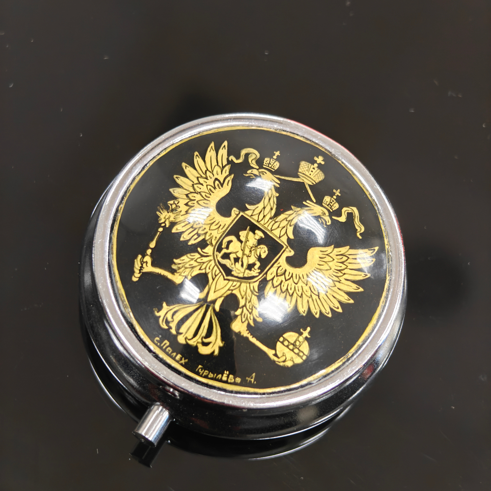 Сувенирный контейнер для хранения мелочей с ручной росписью Палех "Герб РФ"