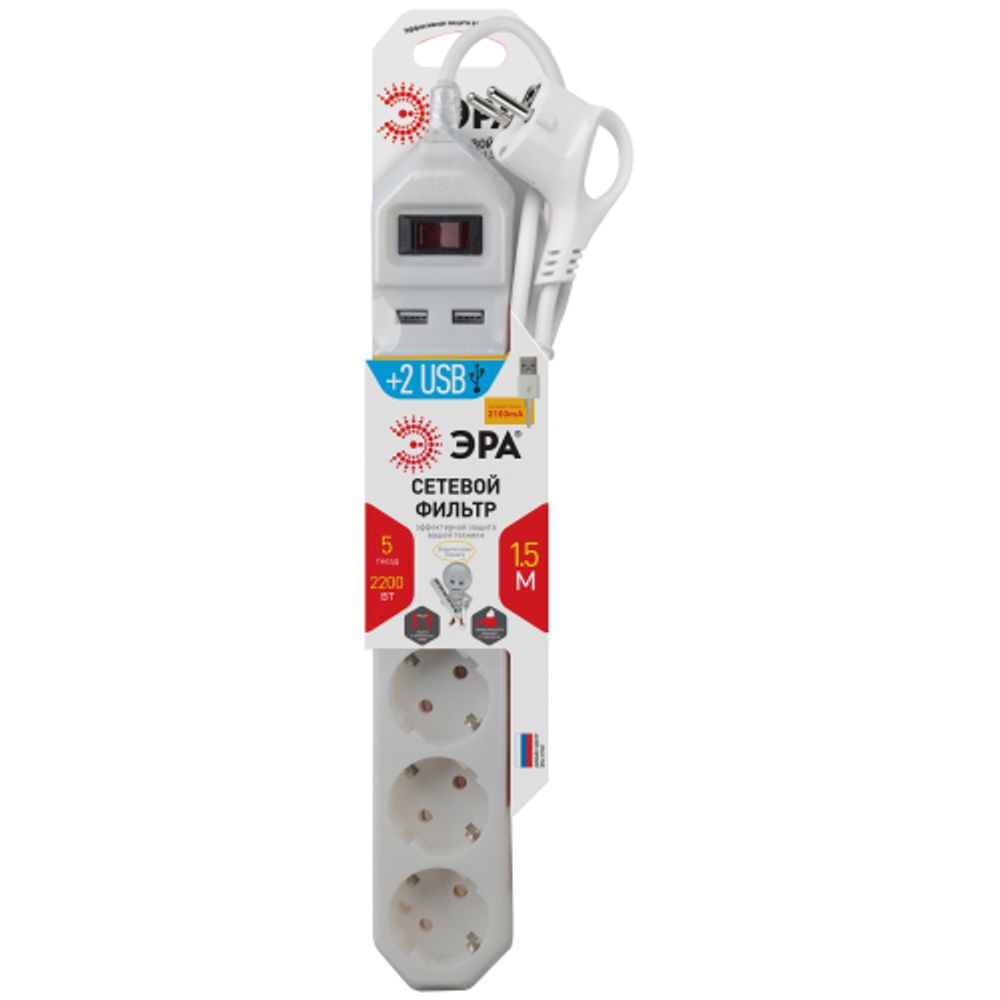 Сетевой фильтр ЭРА USF-5es-1.5m-USB-W с базовой защитой с заземлением с выключателем 5 розеток 1,5м 2хUSB 10А белый