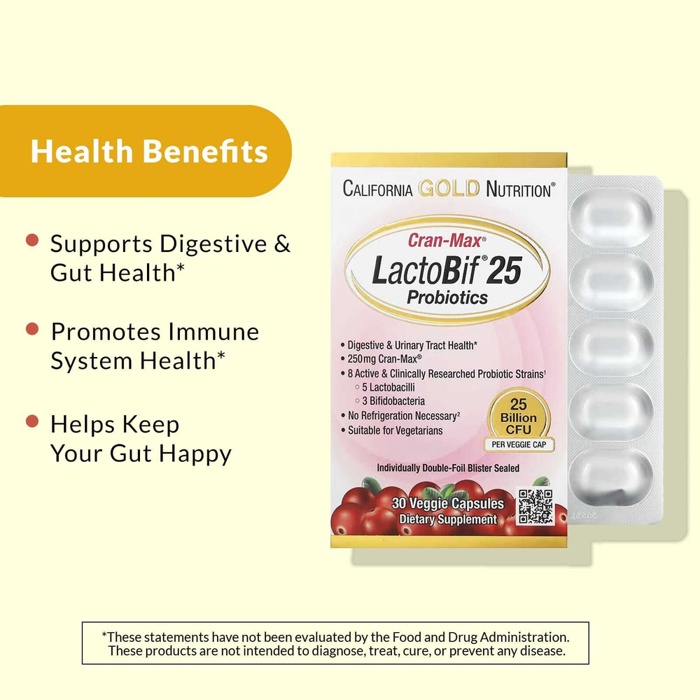 California Gold Nutrition, CranMax®, LactoBif®, пробиотики, 25 млрд КОЕ, 30 вегетарианских капсул